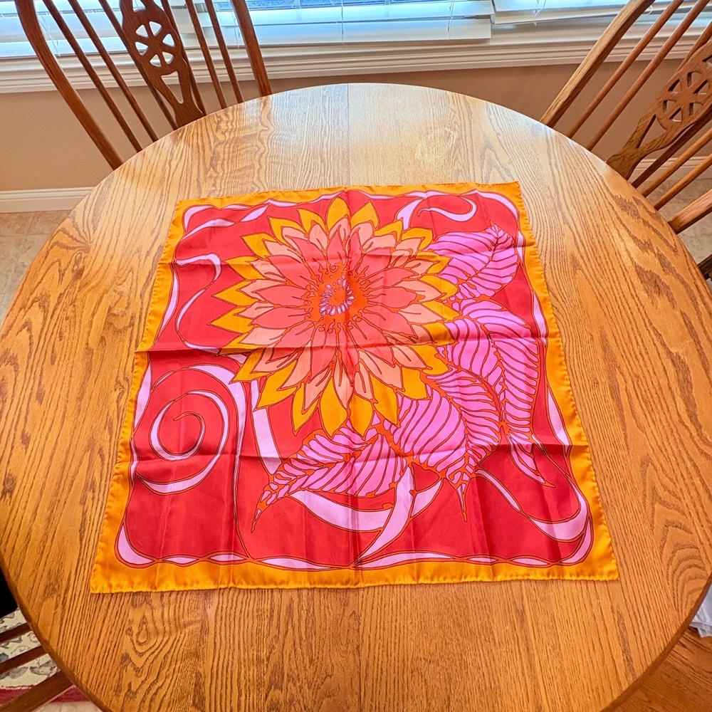 Vintage Pink Red Orange Bold Flower 60’s Scarf Appx 26” Square Acetate